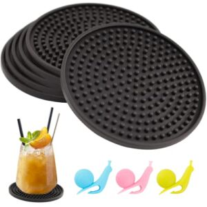 Coasters for Drinks, Silicone Coasters 6 Set Non-Slip Cup Coasters, Heat Resistant Cup Mate Fits Any Size of Drinking Glasses, Soft Coaster for Tabletope Protection, Furniture from Damage (Black)