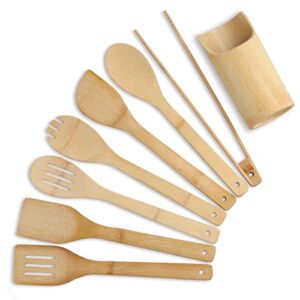 Wooden Spoons for Cooking Organic Bamboo Kitchen Utensils Set 8 Pcs Housewarming Gift New Apartment Essentials Slotted Serving Spoons Spatula Tong Tools for Nonstick Cookware with Holder