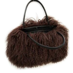 FINILUO Women real lamb/mongolian fur wool shoulder bag handbag Chocolate Meduim Size