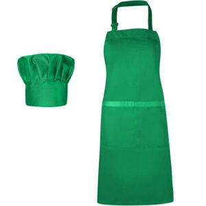 SATINIOR 2 Pieces Chef Hat & Apron for Women Plaid Stripes Gingham Solid Apron Baking Fabric Cooking Apron for Home Kitchen (Solid Green Style)