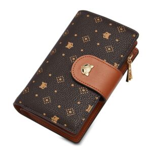 FOXLOVER Signature PVC Leather Wallets for Women, Monogram Artificial Leather RFID Blocking with Gift Box Packing Ladies Card Holder with Zipper Pocket Women’s Bifold Wallets Credit Card Cases(Brown)