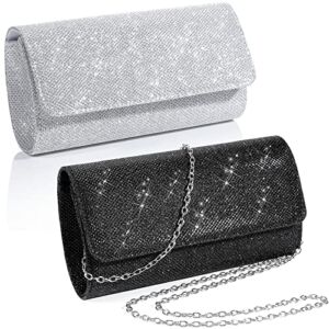 2 Pieces Evening Formal Purses for Women Shiny Clutch Purses Glitter Handbags with Chain Envelope Purses for Wedding Party (Black, Silver)