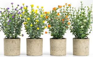 Sunprairie 10”H Antique Set of 4 Artificial Plants & Flowers – Multi-Colored Faux Plant in Rustic Gray Pots with Brown Pebbles – Maintenance Free Modern Plant Decor for Home and Office.