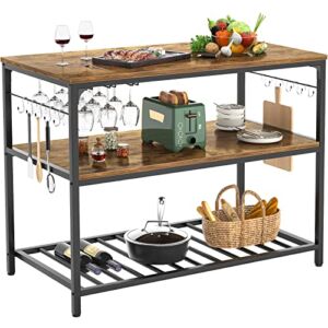 Homieasy Kitchen Island with Wine Glass Holder & Hooks, Industrial Wood and Metal Coffee Bar Wine Rack Table, 3 Tier Spacious Kitchen Prep Table Extended Counter Easy to Assemble, Rustic Brown