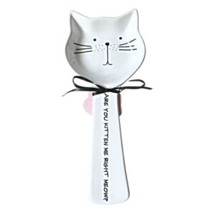 Home Essentials Cat Spoon Rest – Are You Kitten Me Right Meow – White Ceramic Cat Spoon Rest for Stove Top, 9”x3.9”x0.75”