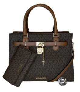 MICHAEL Michael Kors Hamilton MD Satchel bundled with Trifold Wallet and Purse Hook (Signature MK Brown)