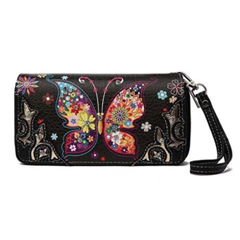 Western Style Butterfly Rhinestone Concho Studded Embroidered Floral Country Wrist Strap Women Wristlet Double Zip Wallet (Black2) | The Storepaperoomates Retail Market - Fast Affordable Shopping