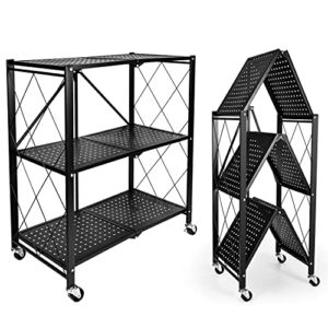 HealSmart 3-Tier Foldable Metal Shelves Heavy Duty Storage Shelving Unit with Wheels, Organizer Shelves for Garage Kitchen Holds up to 750 lbs Capacity, Black