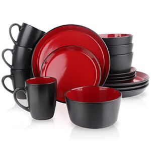 GOOD ALWAYS 16 Piece Christmas Gifts Coffee Cups, Plates and Bowls Sets, Round Ceramic Dinnerware is Kitchen Essentials for New Home (Black & Red)