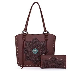 Montana West Western Tote Bag for Women Concealed Carry Shoulder Handbag Tooling Vegan Leather Purses with Wallet Coffee MBB-MWC-144W-CF