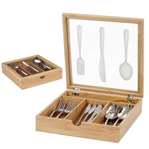 Wooden Cutlery Box with Lid Wood Cutlery Organizer Silverware Drawer Organizer with 4 Compartments for Spoon Chopsticks Storage Box Container for Kitchen Countertop Dining Table (yellowish white)