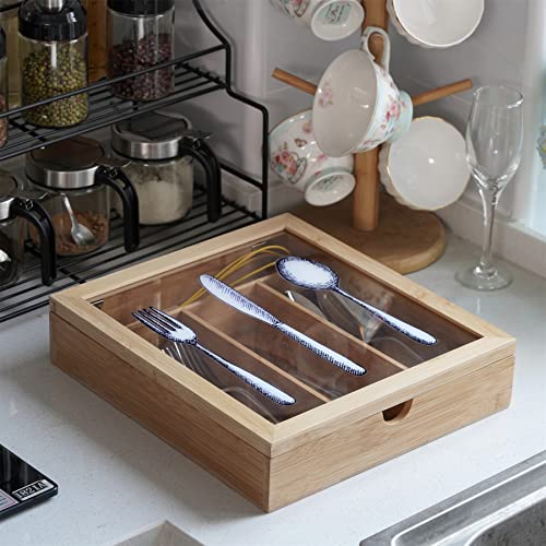 Wooden Cutlery Box with Lid Wood Cutlery Organizer Silverware Drawer Organizer with 4 Compartments for Spoon Chopsticks Storage Box Container for Kitchen Countertop Dining Table (yellowish white) | The Storepaperoomates Retail Market - Fast Affordable Shopping