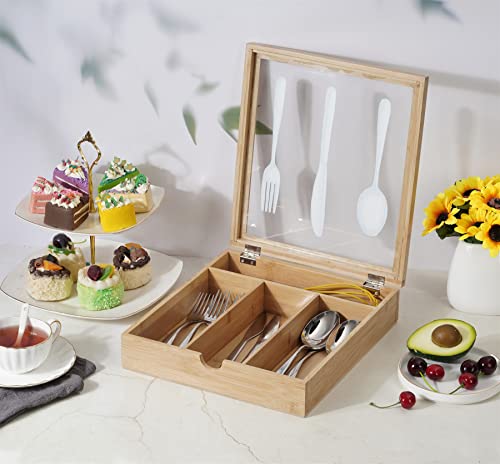 Wooden Cutlery Box with Lid Wood Cutlery Organizer Silverware Drawer Organizer with 4 Compartments for Spoon Chopsticks Storage Box Container for Kitchen Countertop Dining Table (yellowish white) | The Storepaperoomates Retail Market - Fast Affordable Shopping