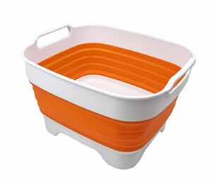 SAMMART 7.5L (2 Gallons) Collapsible Dishpan with Draining Plug – Foldable Washing Basin – Portable Dish Washing Tub – Space Saving Kitchen Storage Tub (White/Orange)