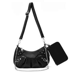 Women’s Small Shoulder Handbag with Silver Chain and Removable Coin Pouch and Crossbody Strap (Black)