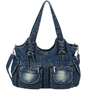 Casual Washed Denim Shoulder Bags Top Handle Lady’s Hobo Bags Women Purses And Handbags (Deep Blue)