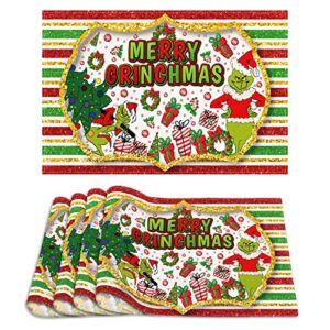 Linen Grinch Placemats Set of 4 Merry Grinchmas Table Mats Grinch Christmas Decorations and Supplies for Home Kitchen Table-12×18”