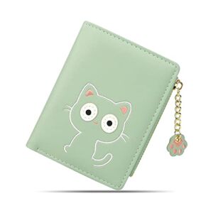 CONISY Cute Wallets for Women, Leather RFID Blocking Small Bifold Wallet with Zipper Coin Purse for Girls and Ladies Womens Wallet (Cat Green)