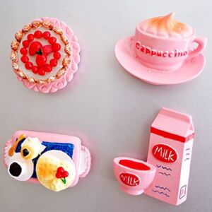 4pcs Cute Decorative Refrigerator Magnet for Home Kitchen Office Whiteboard Locker Decoration – Food Fridge Magnet with Pink Strawberry Cake Cappuccino Milk Box Afternoon Snack Tea Tray