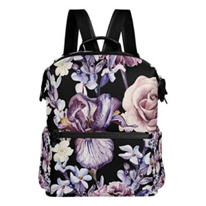 Oyihfvs Iris Rose Lavender Flowers Women Daypacks Ladies Backpack Purse Casual Shoulder Bag Knapsack College Schoolbag Sitting Rucksack Students Bookbag
