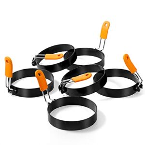 6 Pcs Professional Egg Ring Pancake Ring Combo Set Stainless Steel Fried Egg Ring Griddle Pancake Shapers with Orange Silicone Handle for Breakfast Pancake Omelette Sandwich (4 Inch)