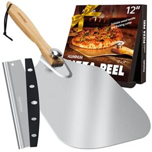 Pizza Peel Aluminum Pizza Spatula, Mooues 12 inch Metal Pizza Paddle with Rocker Cutter Foldable Wood Handle, [Storage bag included], for Family Pizza Oven Baking Pizza, Dough, Bread & Pastry 12″x 14″