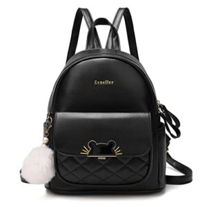 Mini Backpack for Girls Cute Small Backpack Purse Leather Backpack Purse Lightweight Satchel Bags with Pom (Black)