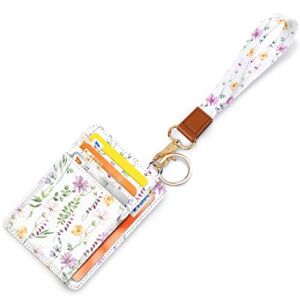 Slim Front Pocket Wallet RFID ID Card Holder Cute Small Wallet with Wrist Lanyards Key Chain Holder for Women,White Daisy