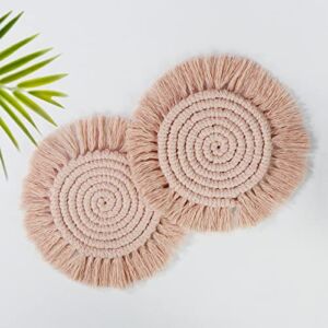 Coasters for Drinks Absorbent, Boho Coasters for Wooden Table, Macrame Coasters, Farmhouse Drink Coaster Set for Kinds of Mugs and Cups, 2PCS Round, Dusty Pink