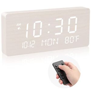 Andoolex Wooden Digital Wall Clock with Remote Control, 5 Levels Adjustable Brightness, Clear LED Display with Date, Week, 12/24Hr, and Indoor Temperature Alarm clock for Home/Office/Warehouse (White)