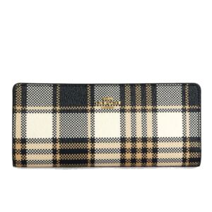 Coach Slim Wallet Canvas & Leather With Garden Plaid Gold/Midnight Multi