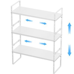 Benzoyl Expandable Cabinet Shelf Organizers, 8.07”W Stackable Cabinet Pantry Counter Under Sink Shelves Storage Shelf Rack for Kitchen Home Office, 3 Pack, White