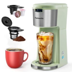 Famiworths Iced Coffee Maker, Hot and Cold Coffee Maker Single Serve for K Cup and Ground, with Descaling Reminder and Self Cleaning, Iced Coffee Machine for Home, Office and RV, Green