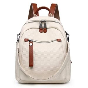 Wesccimo Genuine Leather Backpack Purse For Women Beige Real Soft Leather Large Rucksack Convertible Shoulder Bag Beige