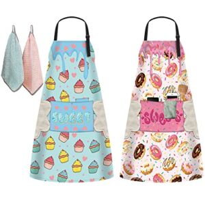 2 Pack Aprons for Women with 3 Pockets, Adjustable Waterproof Kitchen Bib Apron with 2 Towels for Chef Servers Grilling Cooking Baking, Plus Size Donuts Cupcake Aprons for BBQ Painting Gardening