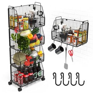 YAKSHA 4-Tier Stackable Wire Baskets with Handle for Organizing Large Black Pantry Fruit Vegetable Wire Basket with Lockable Wheels Rolling Cart for Kitchen Cabinet Bathroom Storage and Organization