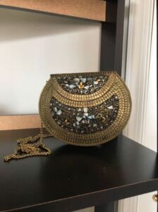 Sejal’s Designs Round Gold Metal Purse (White)