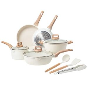 CAROTE Nonstick Pots and Pans Set, White Granite Induction Cookware Sets, 11 Pcs Kitchen Essentials Non Stick Cooking Set with Frying Pans & Saucepans(PFOS , PFOA Free)