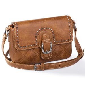 Wrangler Mini PU Leather Flap Bag Quilted Crossbody Satchel Purse with Silver Studs,B2B-WG42-8360 BR