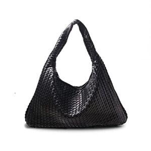 Women’s Leather Woven Tote Handbag,Handmade Large Capacity Shoulder Bags Travel Bag Shopper Bag Hobo Bag (Black)