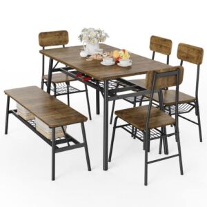 Gizoon Rectangular Dining Table Set for 6 w/Chairs, Bench, 6 Piece Modern Wood Kitchen Dining Room Set with Storage Rack for Home Family Dinette, Breakfast Nook Small Space, Saving Space-Retro