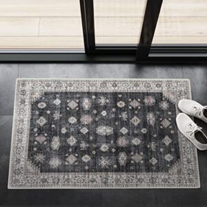 Adiva Rugs Machine Washable Area Rug with Non Slip Backing for Living Room, Bedroom, Bathroom, Kitchen, Printed Persian Vintage Home Decor, Floor Decoration Carpet Mat (Black, 2′ x 3′)