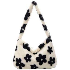 Shoulder Bags for Women Plush Tote Underarm Bags Soft Flower Pattern Handbag Zipper Mini Armpit Bag (Black White)