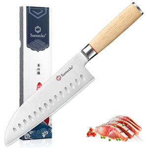 Sunnecko Santoku Knife 7 inch, Japanese Chef Knife with High Carbon Stainless Steel 440C Blade, Sharp Kitchen Knife with Natural Oak Wood Handle Cooking Knife for Home kitchen Chopping Cutting Knife