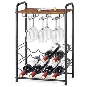 MOOACE Wine Glass Rack Free Standing Floor, Metal & Wood Countertop Wine Holder, 8 Bottles and 6 Glasses Stand