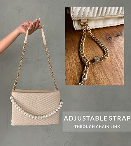 Before & Ever Cream Beige Wristlet Clutch Purses for Women – Tan Large Evening Clutch Bag with White Pearls – Small Quilted Crossbody Wallet Purse Pouch – Gold Chain Wedding Cross Body Handbags | The Storepaperoomates Retail Market - Fast Affordable Shopping