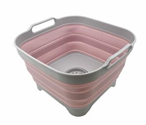 SAMMART 10L (2.64 Gallon) Collapsible Dishpan with Draining Plug – Foldable Washing Basin – Portable Dish Washing Tub – Space Saving Kitchen Storage Tray (Grey/Pale Pink)