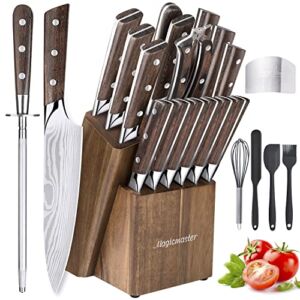 Magicmaster Knife Set with Block, 21 Pcs Kitchen Knife Set Sharpener Rod & Finger Guard, Germany High Carbon Stainless Steel Chef Knife Block Set, , Ultra Sharp Forged, Brown