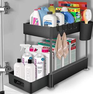 2-Tier Pull Out Under Sink Cabinet Organizer, Multi-purpose Under Sink Shelf Organizer for Bathroom, Kitchen with Hooks, Hanging Cup (Black)