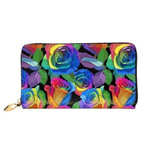 Multicolored Roses Floral Leather Long Wallet Card Holder Organizer Wallet Zipper Wristlet Clutch Bag For Men Women